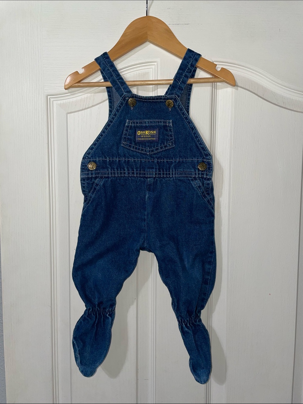 Vintage OshKosh B'gosh Dark Blue Denim Footed Baby Overalls 6/9 mos